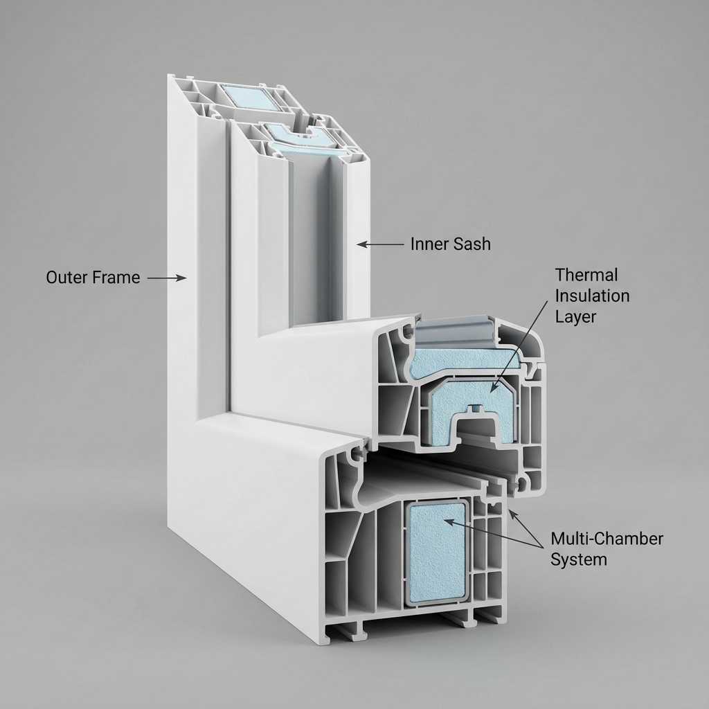 Detail van de isolatie van een PVC deur